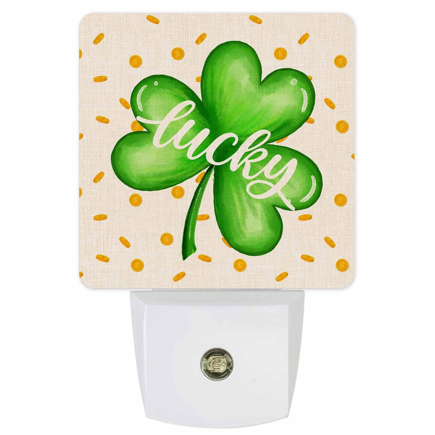 St.Patrick's Day Plug-in LED Night Lights, Lucky Clover Leaves Spring Auto Dusk-to-Dawn Sensor for Bedroom, Bathroom, Kitchen, Nursery, Hallway, Stairs, Wall Home Decor, Gold Coins Backgound