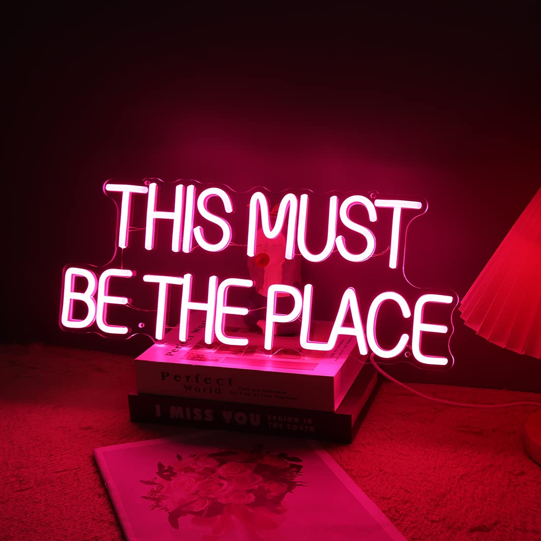 Britrio This Must Be The Place Neon Sign for Bedroom Wall Decor Light Up Word Neon Light Sign Home Pub Club Cafe Shop Bar Hotel Salon Window Party Wedding Birthday Gift 5V USB Pink