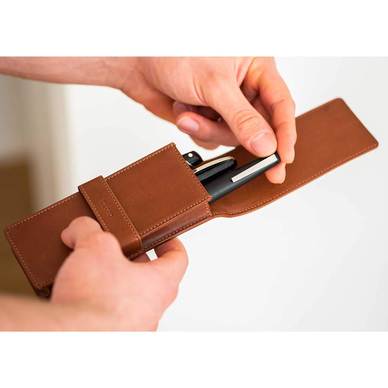 DiLoro Leather Triple Pen Case Pencil Pouch Holder for Three Fountain Ballpoint Rollerball Pens and Pencils (Bugatti Tan)