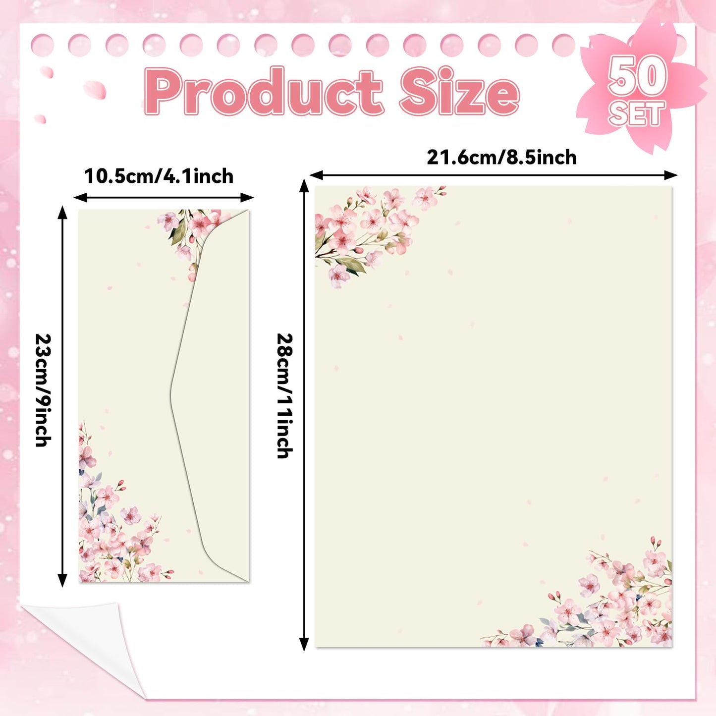 50Pcs Cherry Blossoms Letterhead with Envelopes Floral Cherry Blossoms Computer Paper Pink Floral Stationery Paper for Note Letters to Wedding Invitations Office School Printing Supplies 8.5 x 11 Inch