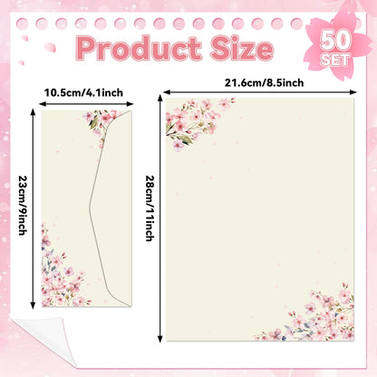50Pcs Cherry Blossoms Letterhead with Envelopes Floral Cherry Blossoms Computer Paper Pink Floral Stationery Paper for Note Letters to Wedding Invitations Office School Printing Supplies 8.5 x 11 Inch