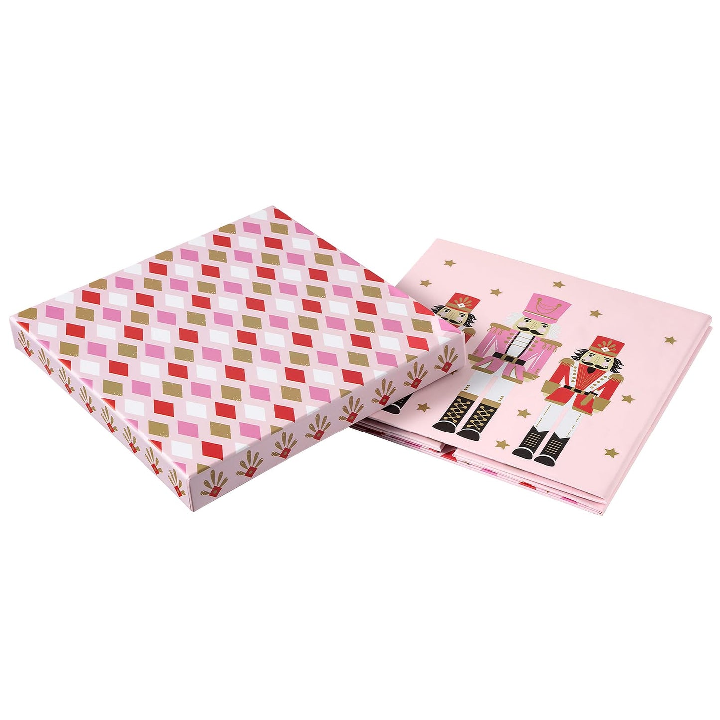 RUSPEPA Christmas Gift Box with Lid, Pink Nutcracker Soldier Design and Diamond Pattern Lid, Medium Collapsible Box with Ribbon, Tissue Paper for Girls, Gift Wrap, Candy Storage, 9x9x9 Inches, 1 Pcs