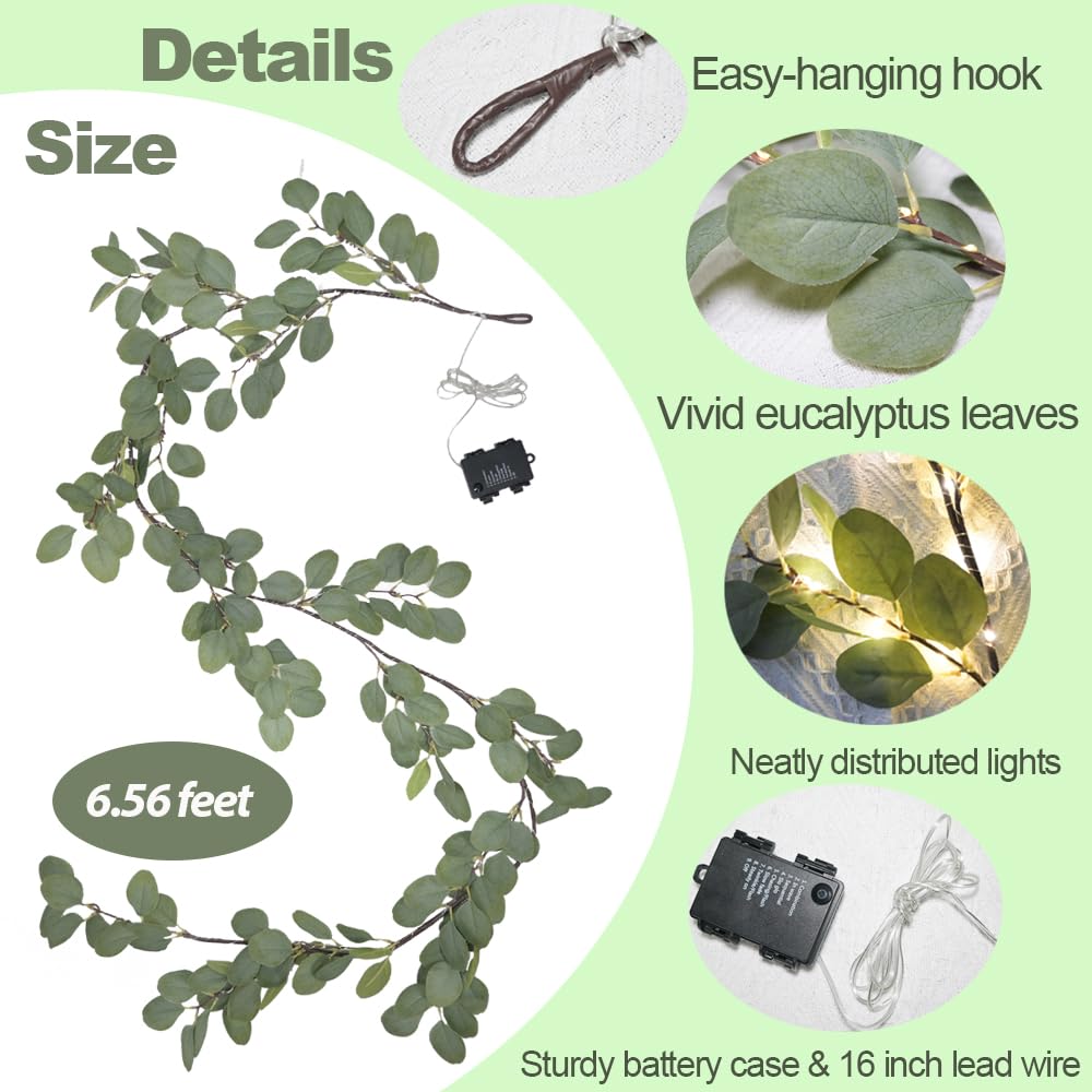 6.56FT Eucalyptus Garland with Lights 96 LEDs 8 Modes Battery Operated with Timer Faux Twig Vine Lights Spring Greenery Garlands for Mantle Fireplace Wall Table Stairs Wedding Party Bedroom Home Decor