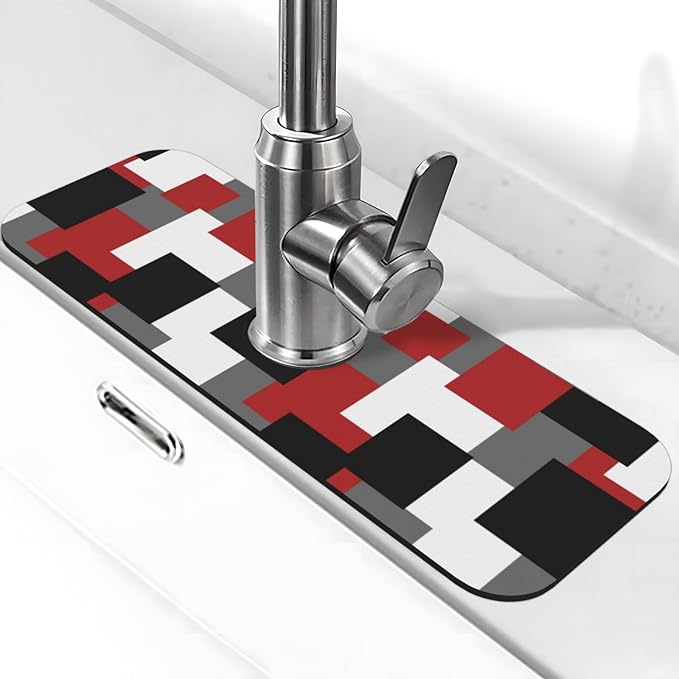 Grey Black White Plaid Square Red 15" X 5.5" Kitchen Sink Splash Guard Faucet