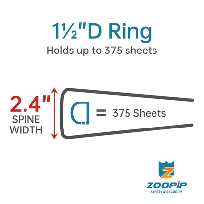 ZOOPIP Fireproof 3 Ring Binder with Zipper, 1.5 Inch D Rings Hold up 375 Sheets of 8.5" x 11" (A4), Compatible with Clear Page Protectors, Built-in Net and Pen Holder(Black, 1 Pcs)