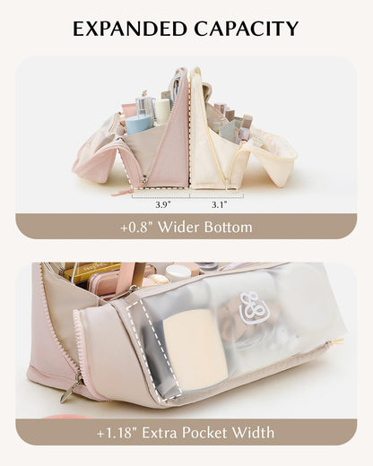 EACHY Standing Makeup Bag - Large Waterproof Cosmetic Bag & Toiletry Bag Organizer with Phone Holder, Detachable Dividers, Wipe-Clean Brush Pouch for Women