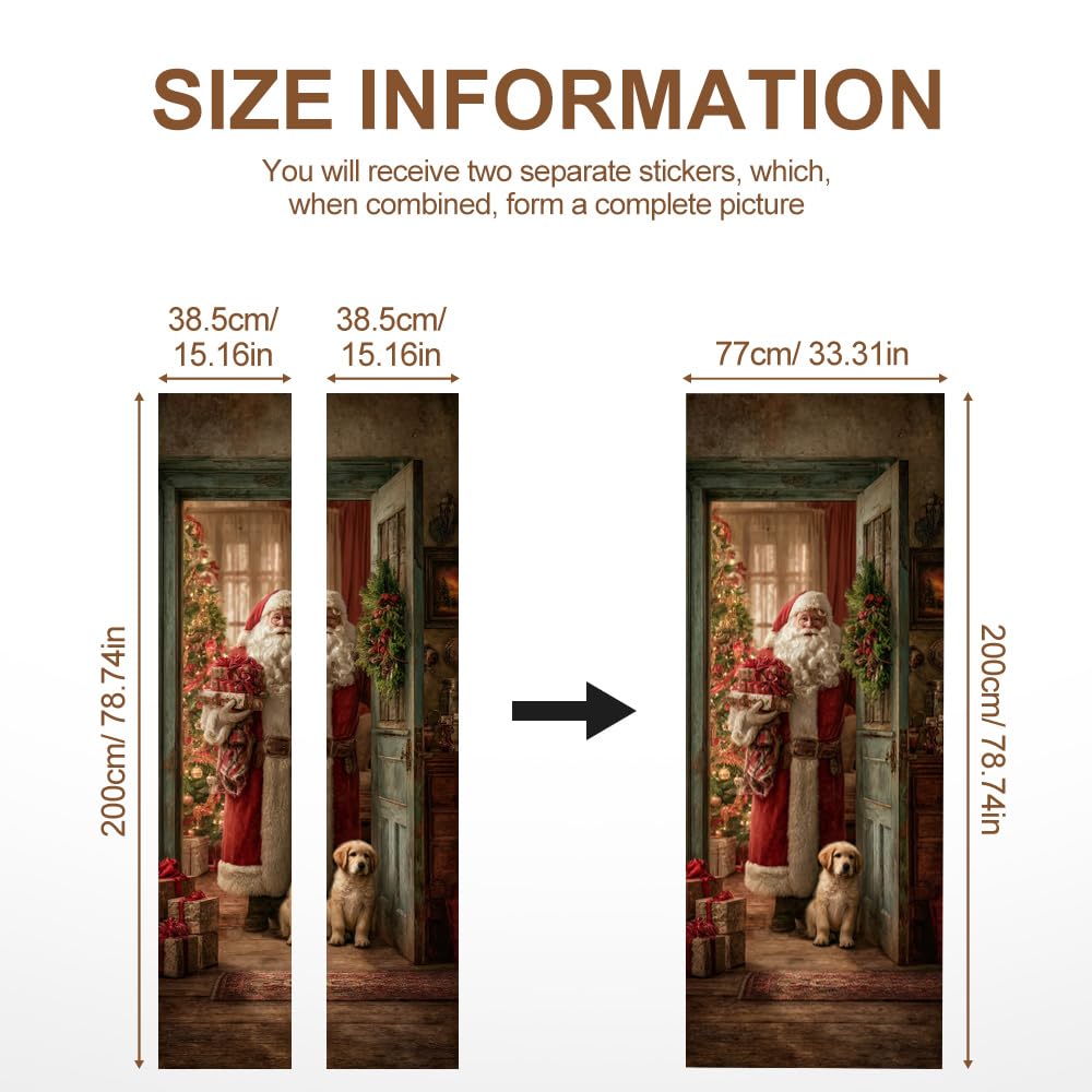 Santa and Puppy Christmas Door Mural Peel and Stick - Festive Golden Retriever Holiday Scene, Decorative Self-Adhesive Door Decals for Indoor Decor, 30.31 x 78.74 Inch