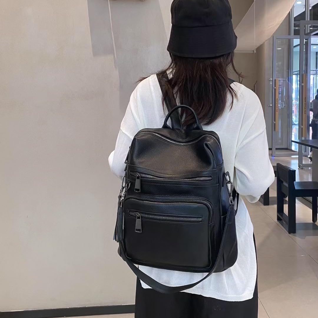 Wesccimo Genuine Leather Backpack Purse For Women Black Real Soft Leather Fashion Designer Convertible Ladies Shoulder Bag