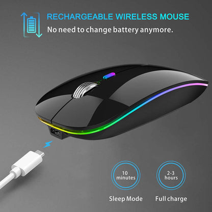 TENMOS Wireless Bluetooth Mouse, LED Slim (Bluetooth 5.1/5.0 + USB) 2.4GHz Rechargeable Silent Bluetooth Wireless Mouse with Type C Adapter for Laptop/MacBook/iPad OS 13 and Above (Matte Black)