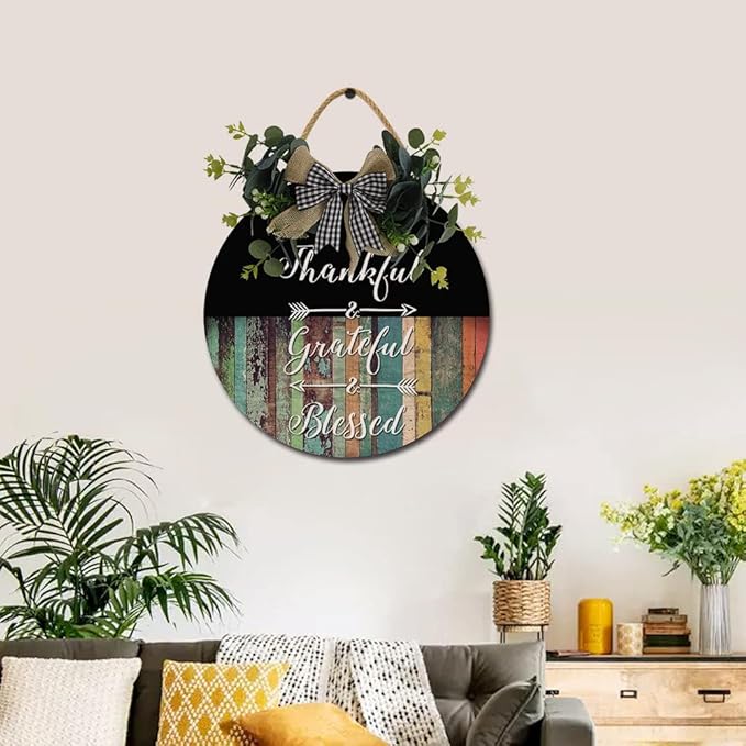 Thankful & Grateful & Blessed Front Door Sign Funny Wreaths Hanging Wooden Plaque Decoration Round Rustic Wood Farmhouse Porch Decor for Home Front Door Decor, 11 x 11 Inch