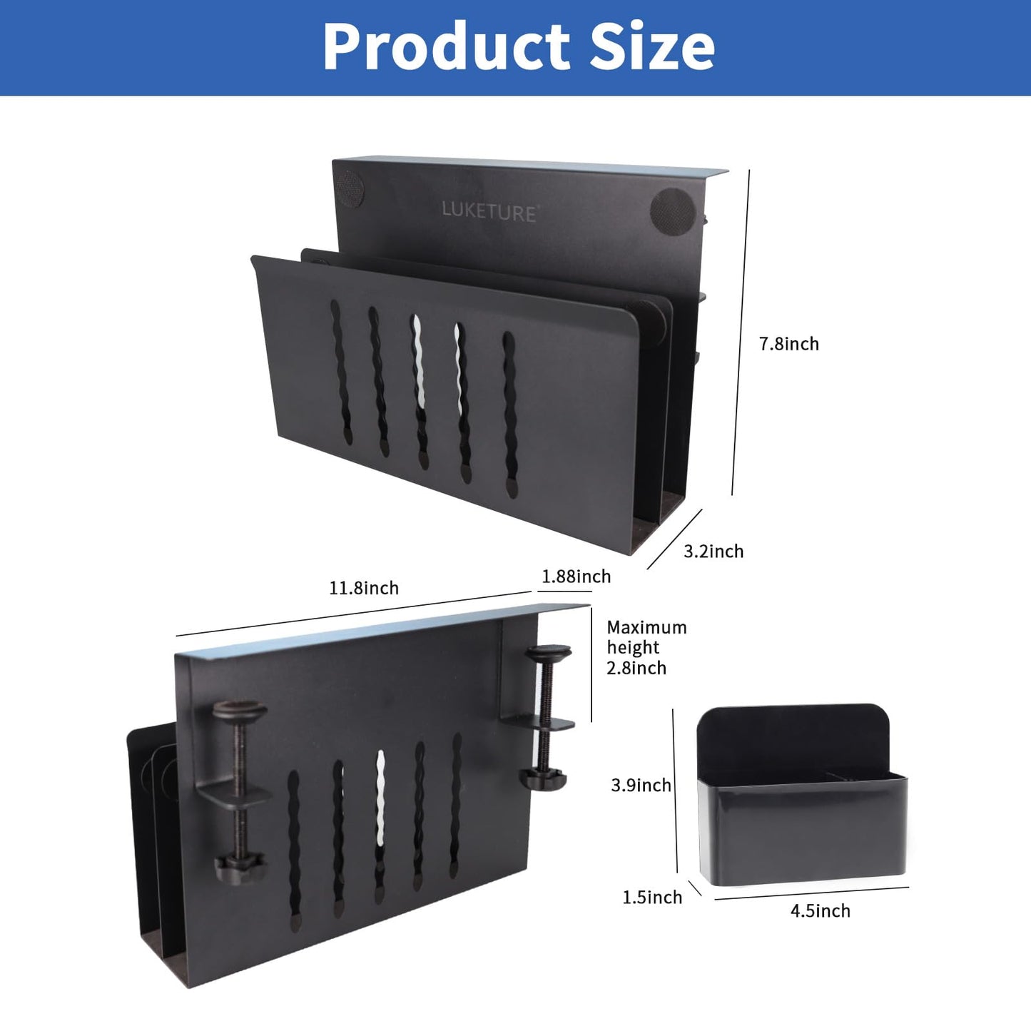 LUKETURE Desk Side Storage, 2 Tier Steel Hanging Organizer, No Drill Side Desk Organizer, Laptop Holder, with Pen Holder, Hanging Table Storage for Office Home, Fits Flat Edge Tables 0.3" to 2.8"