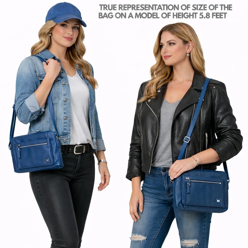 Leather Crossbody Bags for Women Small Soft Genuine Pebbled Sling Shoulder Handbag Crossover Purse with Full Adjustable Strap (Sapphire Blue Nappa)