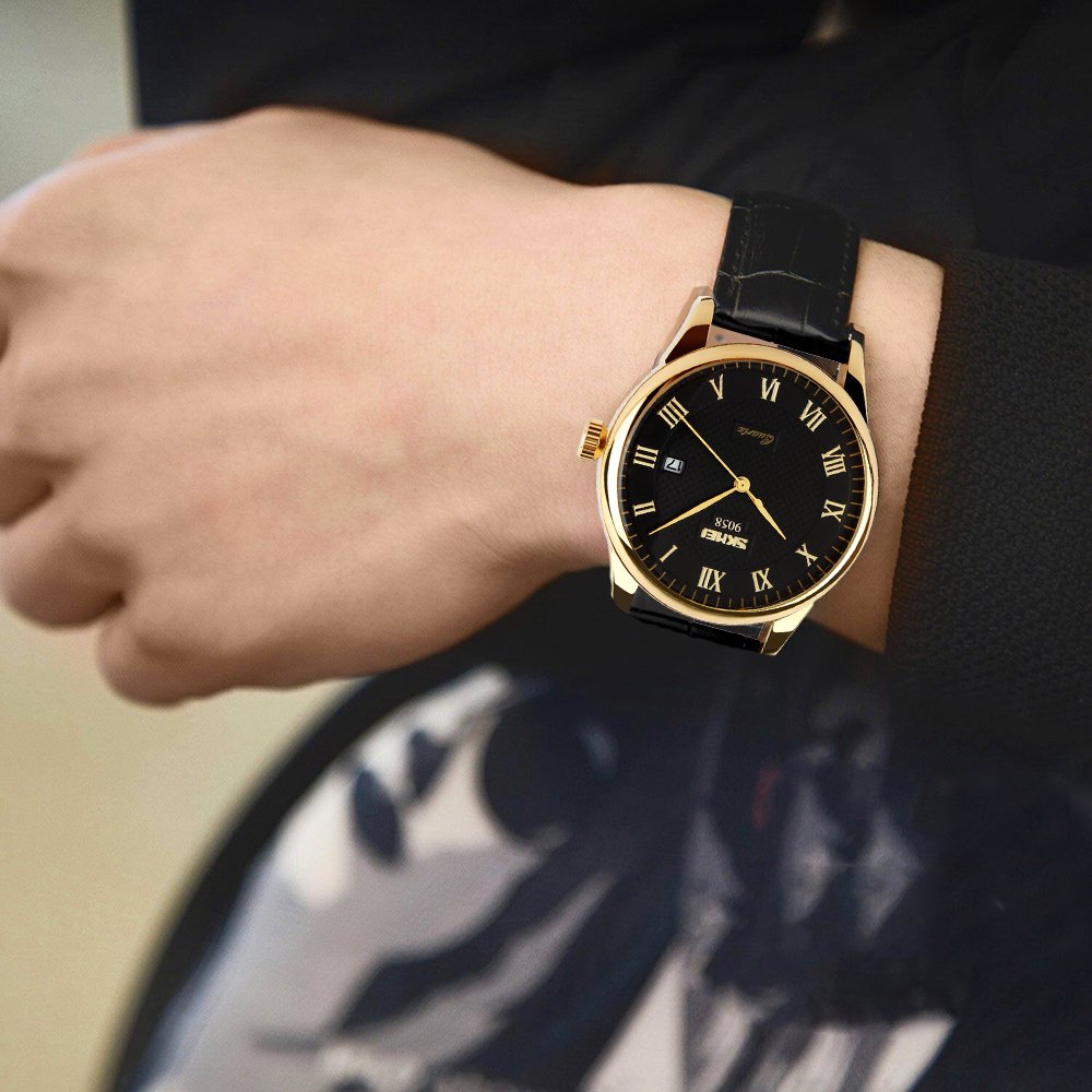 SKMEI Business Men’s Quartz Wristwatches Leather Band Roman Numeral Casual Analog Watches Water Resist (Black+Gold)