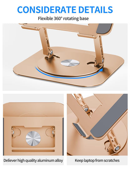 Adjustable Computer Stand with 360 Rotating Base, Ergonimic Foldable Laptop Riser for Desk Compatible with MacBook Pro/Air Notebook up to 16 Inches, Silver