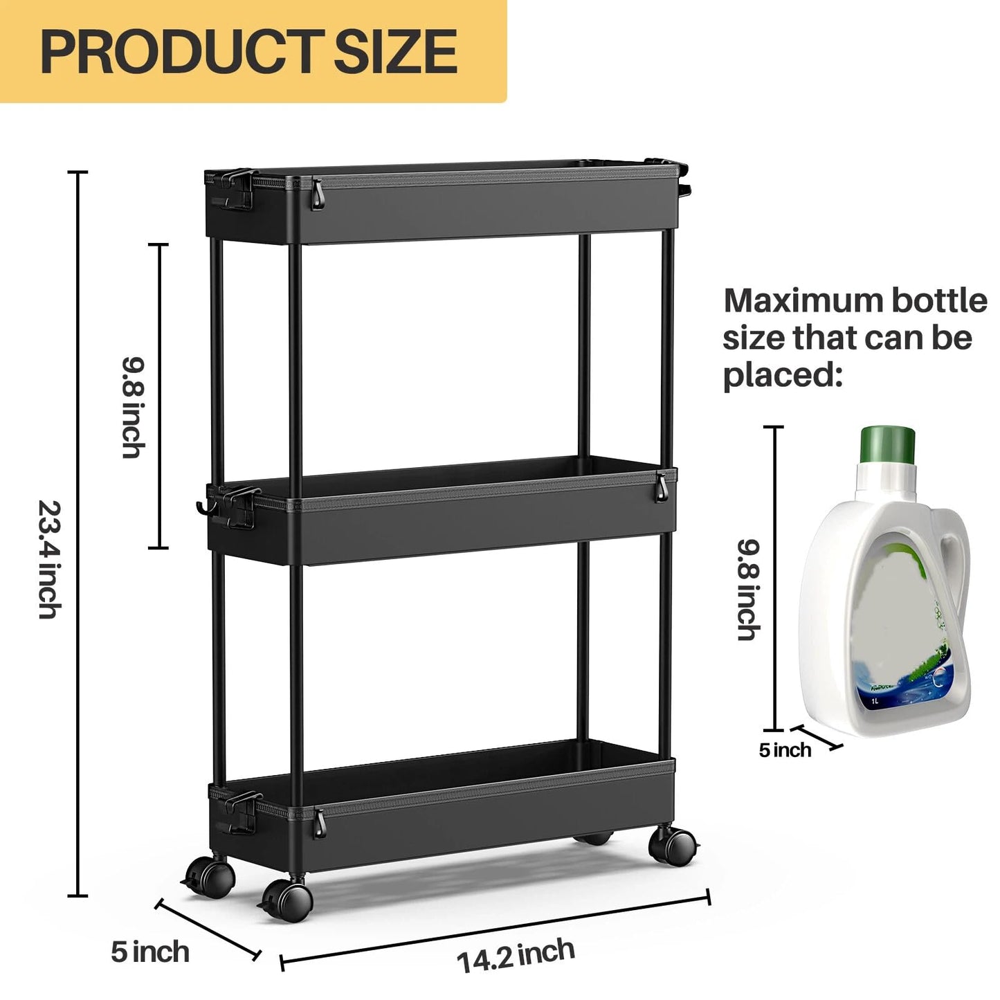 SPACEKEEPER Slim Rolling Storage Cart, 3 Tier Bathroom Storage Organizer Laundry Room Utility Cart Mobile Shelving Unit, Multi-Purpose for Kitchen Office Bathroom Laundry Narrow Places, Black