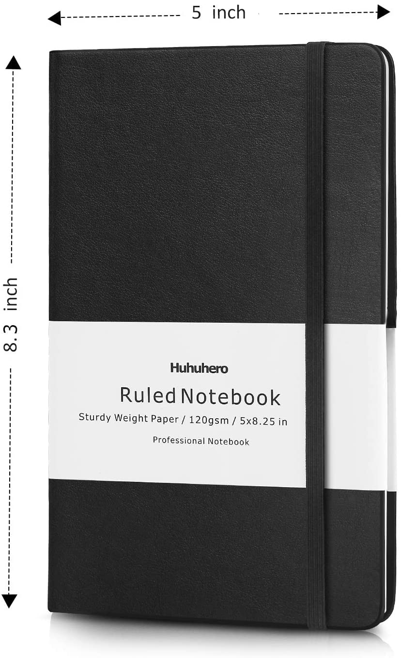 Huhuhero 10 Pack Lined Journal Notebook, 120Gsm College Ruled Thick Paper Journals for Writing, Hardcover Notebooks for Work School Business Note Taking Women Men, 5"×8.25" (10, Black)