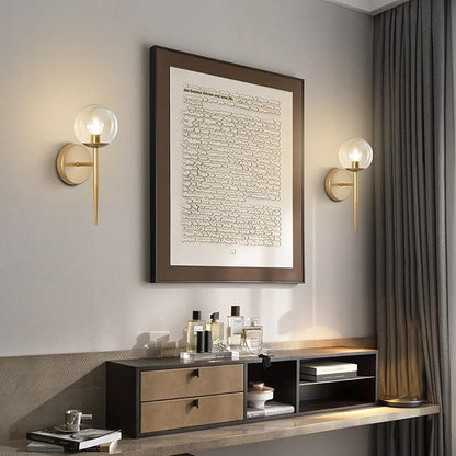 BOKT Vintage Brushed Gold Bathroom Wall Sconce Set of Two Mid Century Modern Globe Vanity Wall Sconce Lighting Set of 2 Bedroom Bar Wall Lamp Amber Glass Wall Lights (Amber)