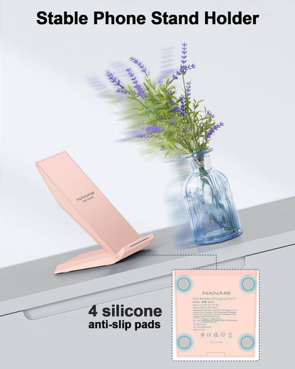 Fast Wireless Charger, NANAMI 15W Qi Certified Wireless Charging Stand Compatible iPhone 17/17 Air/16/15/15 Pro/15 Plus/15 Pro Max/14/13/12, for Samsung Galaxy S25/S24/S23/S22/S21 and Qi-Enabled Phone
