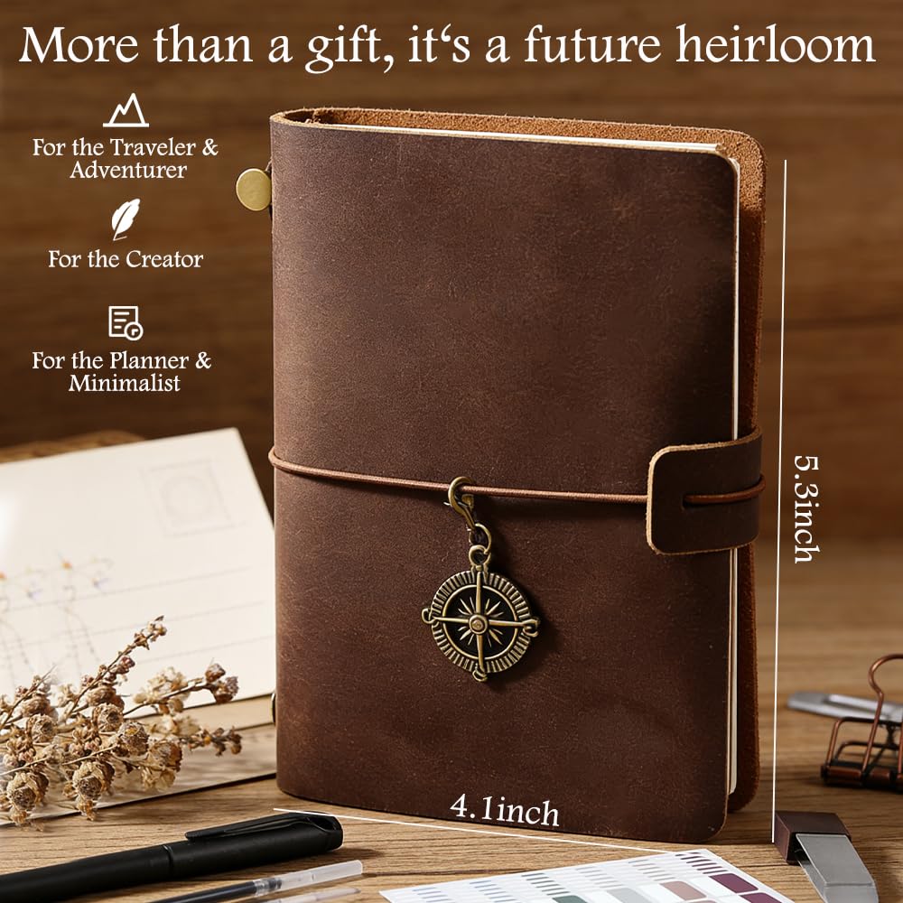 Leather Journal Refillable Notebook Travel Journal Notebook Travel Diary Handmade Passport Travelers Journal with ih 3 Notebook Inserts Pen Holder, Binder Clip for Men and Women Inserts Pen Holder, Binder Clip for Men and Women