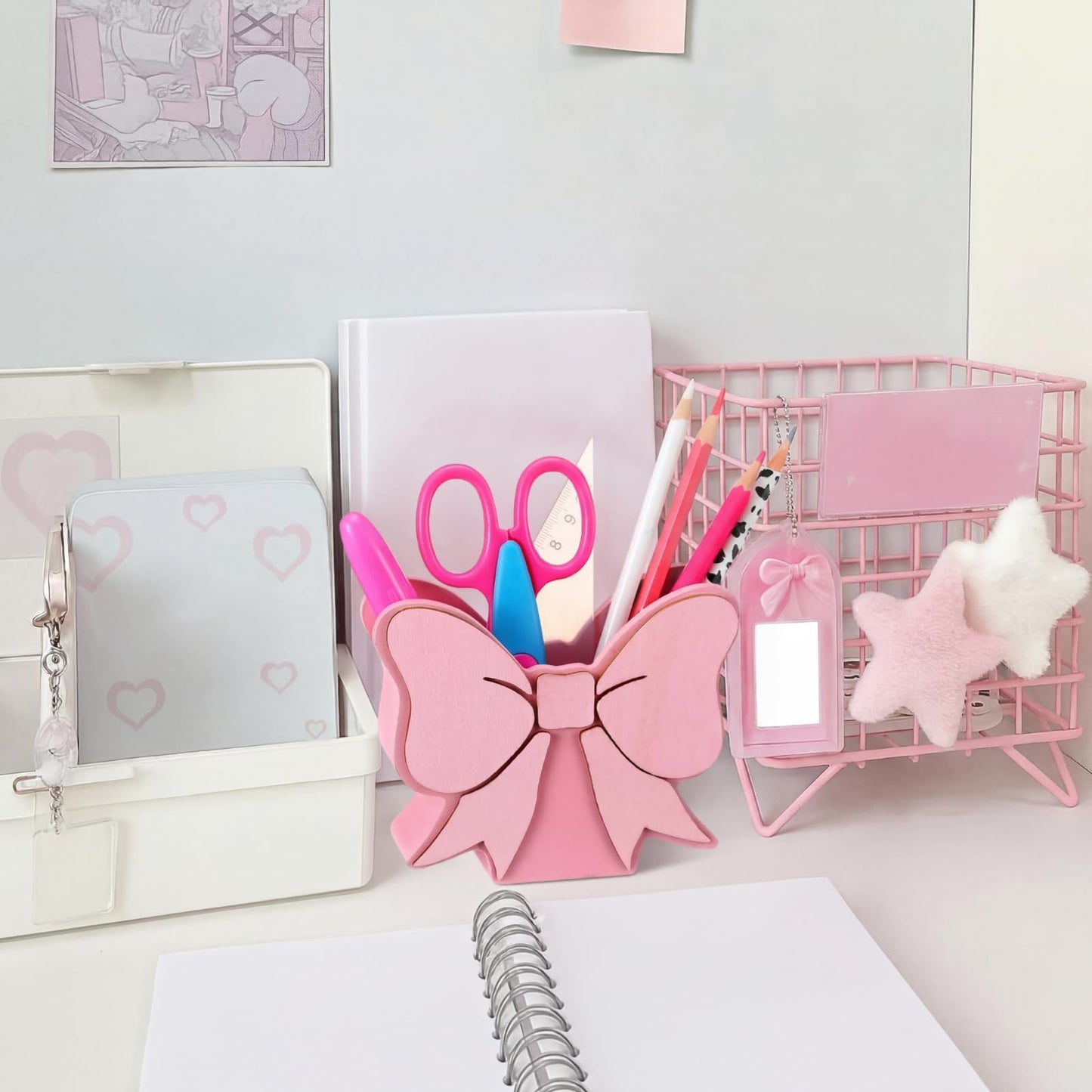 Tenceur Pink Pen Holder for Desk Large Capacity Pink Bow Pencil Holder Coquette School Supplies Set Desk Organizer Cute Bow Office Decor Makeup Brush Holders Funny Back to School Gift for Women