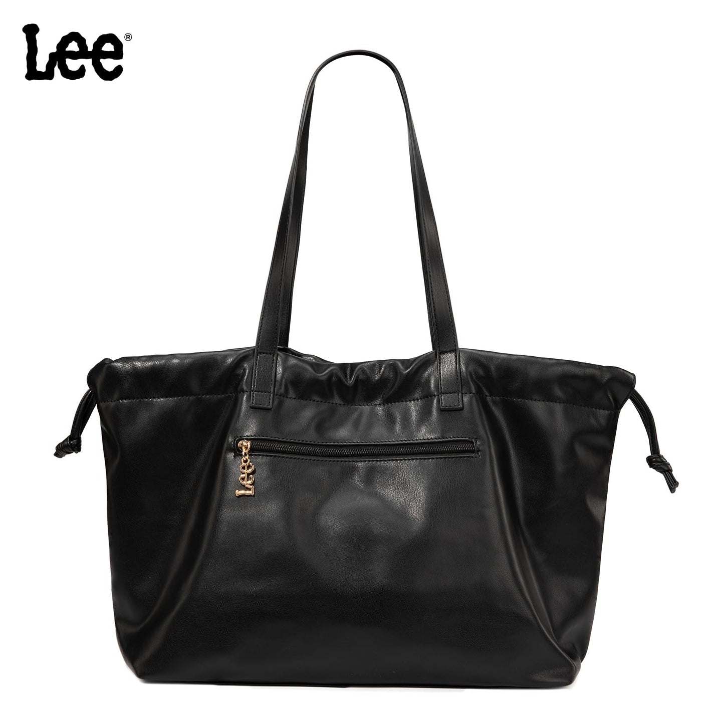 Lee Leather Tote Bag for Women, Spacious Vegan Leather Shoulder Bag & Handbag with Drawstring Closure, Durable Shoulder Straps, Large Capacity Work & Travel Purse, LEE73-001BK