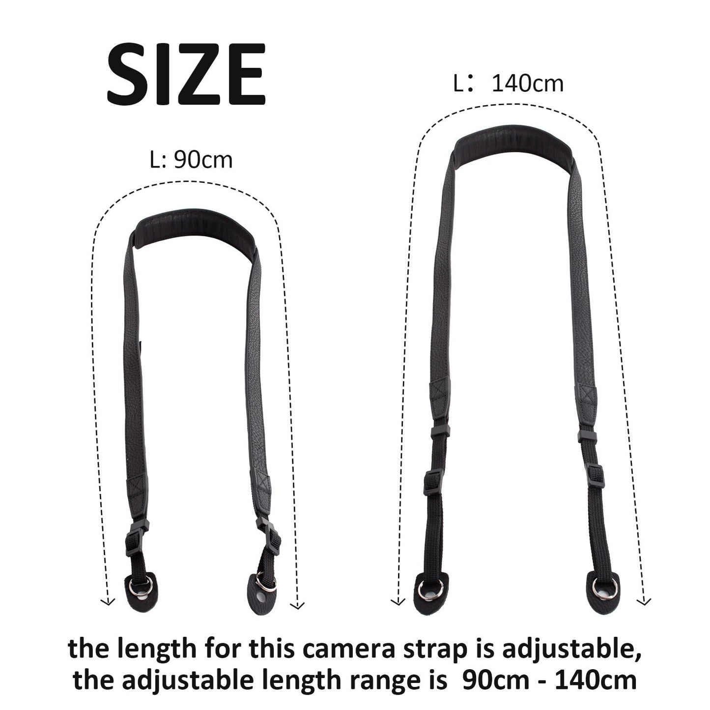 MUZIRI KIINOKOO Camera Strap Genuine Leather with Nylon Belt - Adjustable Shoulder Neck Strap Comes with Triangular Rings for Most of Digital Cameras- Length 90cm to 140cm - Black