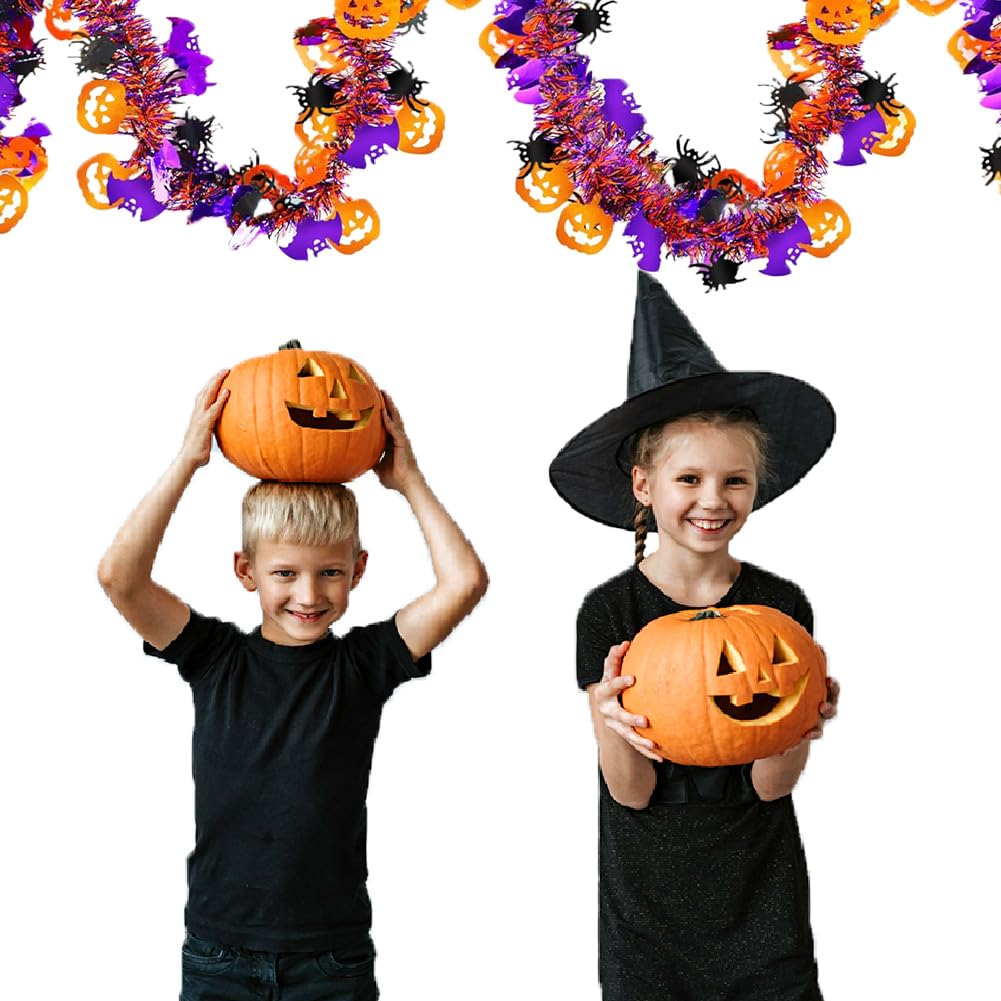 33 Ft Halloween Tinsel Garland with Orange Pumpkin Black Spider Purple Bat Glitter Fall Tinsel Garland Halloween Tree Ornaments for Home Indoor Outdoor Party Decorations