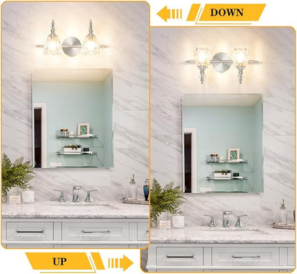 Vintage Vanity Light Fixtures for Bathroom, 2 Light Brushed Nickel Vanity Lighting Over Mirror, Bathroom Light Fixtures with Flower Clear Glass, Farmhouse Sconces Wall Lighting for Hallway