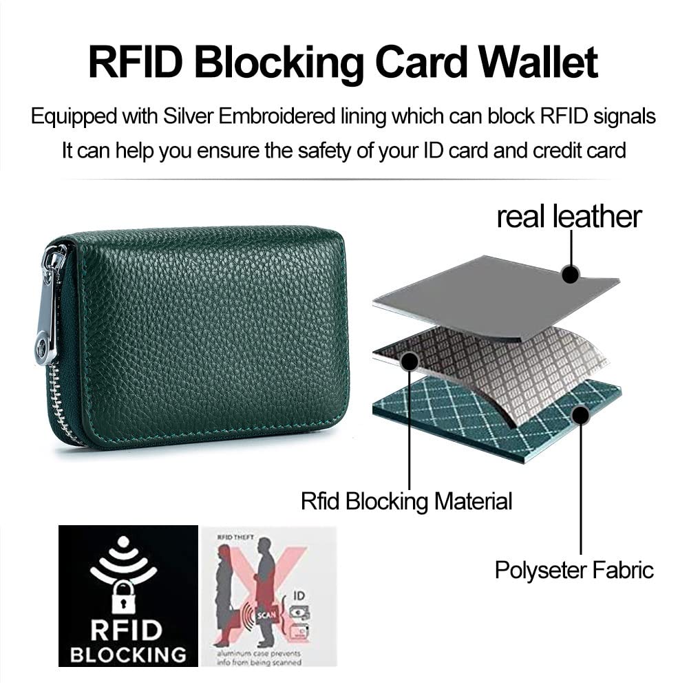 EASTNIGHTS RFID Credit Card Holder Genuine Leather Credit Card Wallet with Zipper (dark green)