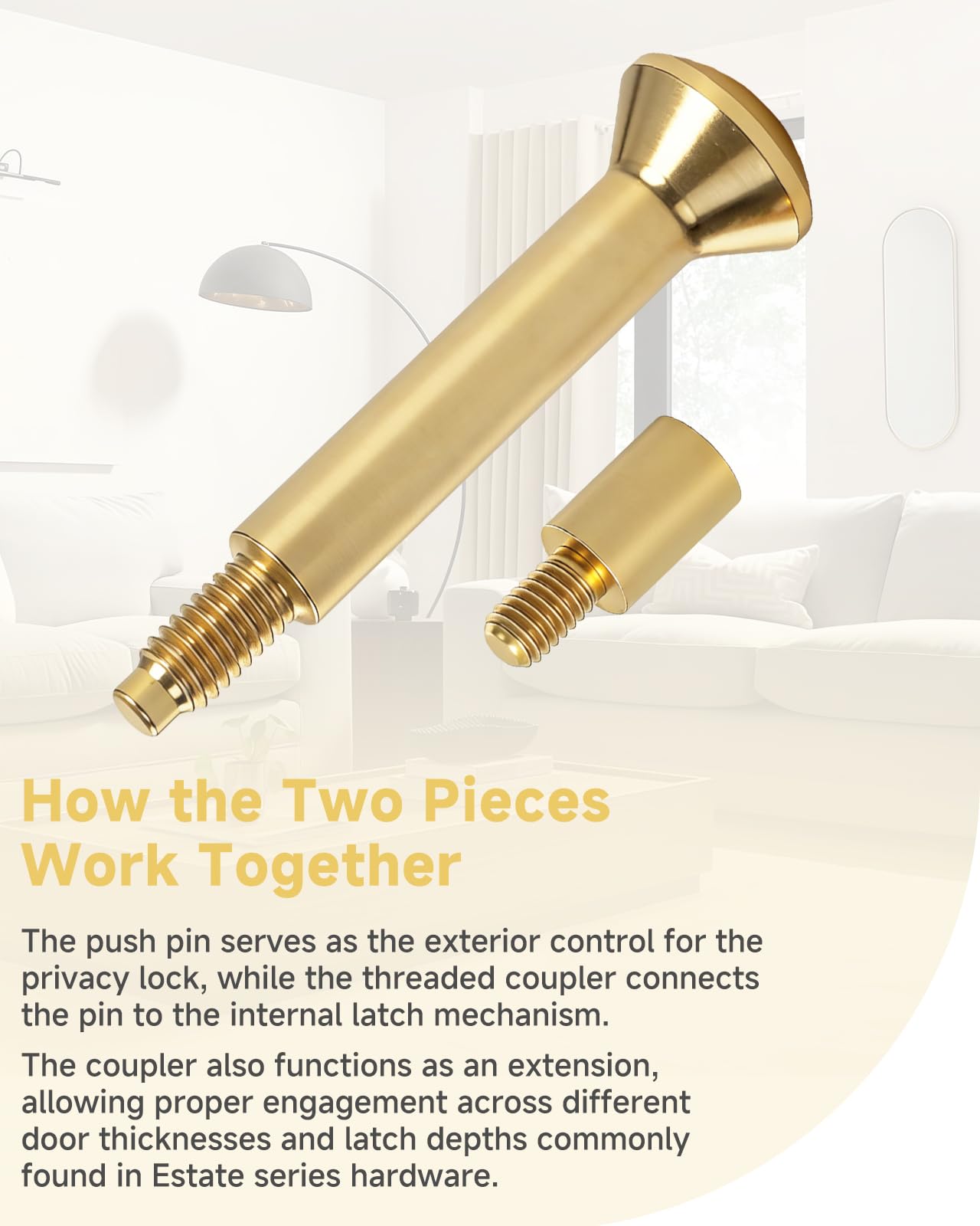 5513.0030 Privacy Pin Replacement Compatible with Baldwin Estate Lever Privacy Latch Door Lock Threaded Push Pin with Coupler Polished Brass 1 Set