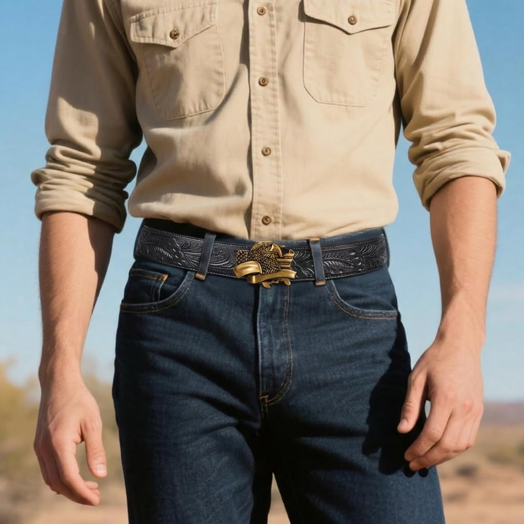 Dubulle Western Ratchet Belt Black Copper Eagle Buckle Cowboy Leather Automatic Belts for Men's Dress Jeans
