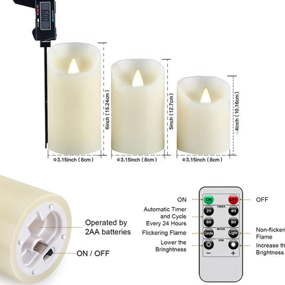 Biyanuo Flameless Battery Operated LED Candles with10key Button Remote Control 24-Hour Timer Set of 3 Electric Flickering Pillar Real Wax，Wedding, Party, Christmas and Home Decoration