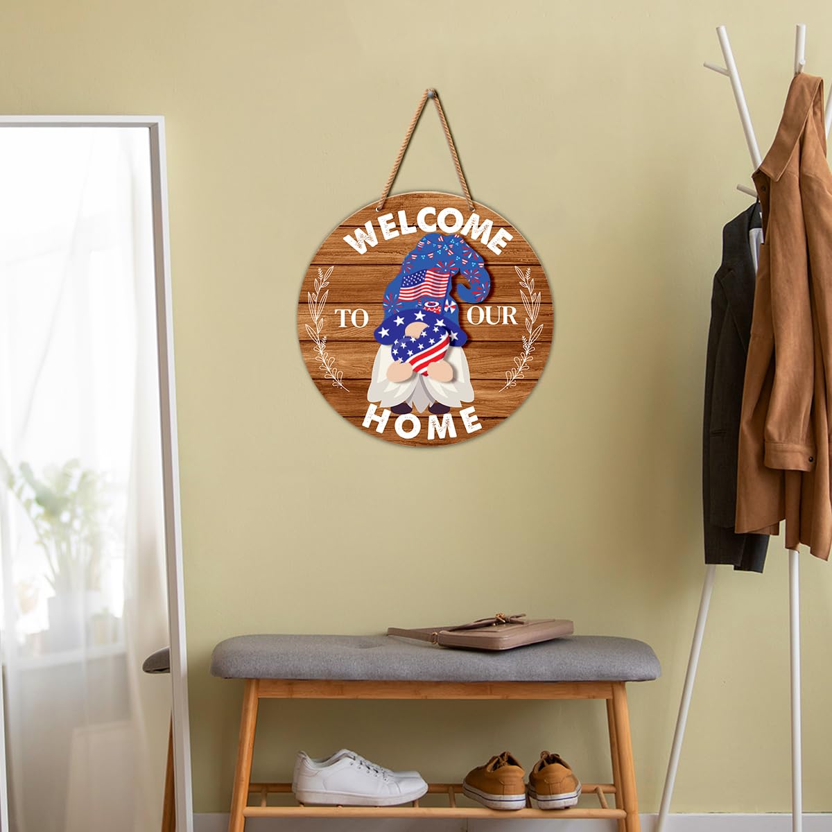 Interchangeable Gnome Welcome Sign Summer Patriotic 4th of July Door Wreath for Home, Gnomes Front Porch Decor Seasonal Wall Hanging Wood Wreath for Spring Fall Winter All Seasons Holiday, Caramel