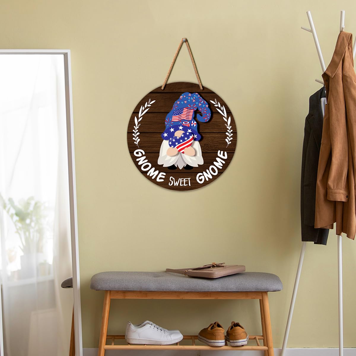 Interchangeable Gnome Welcome Sign Summer Patriotic 4th of July Door Decoration, Changeable Front Porch Decor Wood Wreath Gnomes Gifts for Spring Fall Winter All Seasons Holiday, Antique Brown