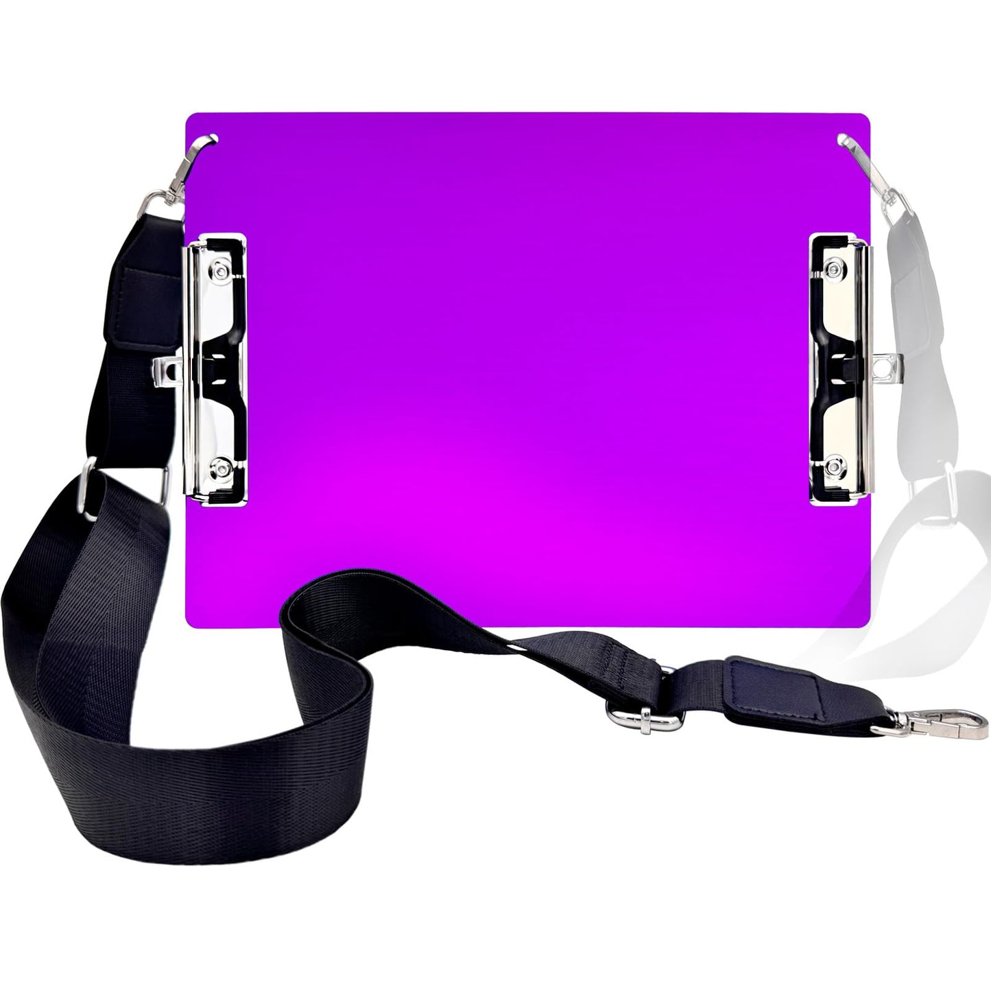 Aluminum Metal Clipboard with Detachable Adjustable Shoulder Strap A4 Double Clip Board Stainless Hangable w/Pen Holder Letter 9" x 12.6" for School Office Business Factory (Purple-with Strap, A4)