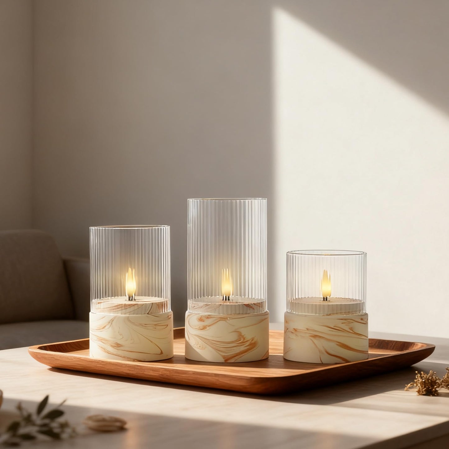 Fanna 3 Flameless LED Candles with Timer Function in Marble Texture, Battery Operated Glass Candles for Home Decor and Table Centerpieces, Cream and Burnt Orange Design - H 4" / 5" / 6"