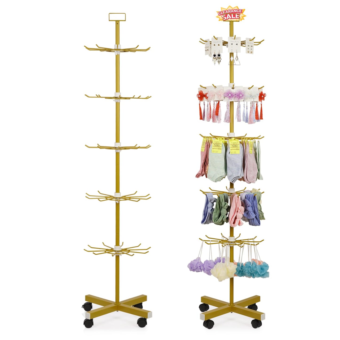 Exttlliy Retail Display Stand 5 Tier Metal Spinning Display Rack with Wheels Keychain Jewelry Stocking Hat Display Stand with Hooks for Malls, Showroom, Retail Store (Gold)