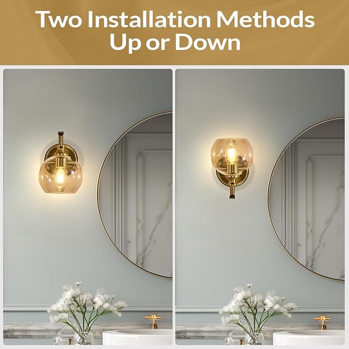 ANDY STAR Brushed Gold Bathroom Light Fixtures, Brass Vanity Lights for Mirror, 1-Light Bathroom Wall Sconces Lighting with Globe Clear Shade Up or Down Wall Mounted for Kitchen, Living Room, Hallway