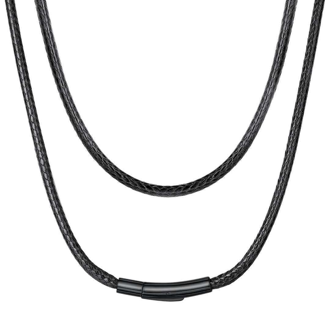 Durable Leather Cord Necklace for Man, Black 3mm Wax Rope String Neck Chains Jewelry for Women with Black Clasp 20"