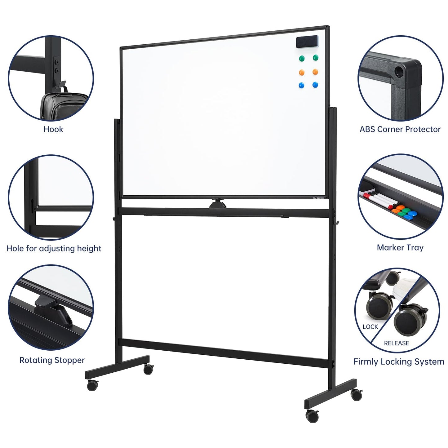 TSJ OFFICE Large Rolling Whiteboard - Dry Erase Magnetic 48 x 32 Inches White Board Height Adjust Double Sides Mobile Portable Easel on Wheels, Dry Erase Board with Stand for Office, Home & Classroom