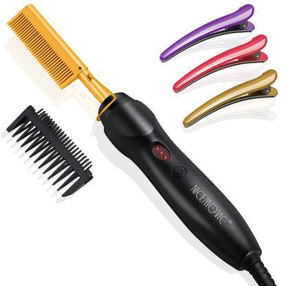 NICEMOVIC Ceramic Heating Hair Straightener Comb - Hot Pressing Brush for Natural Black Hair, Beard Wigs, and Curling (Gold)