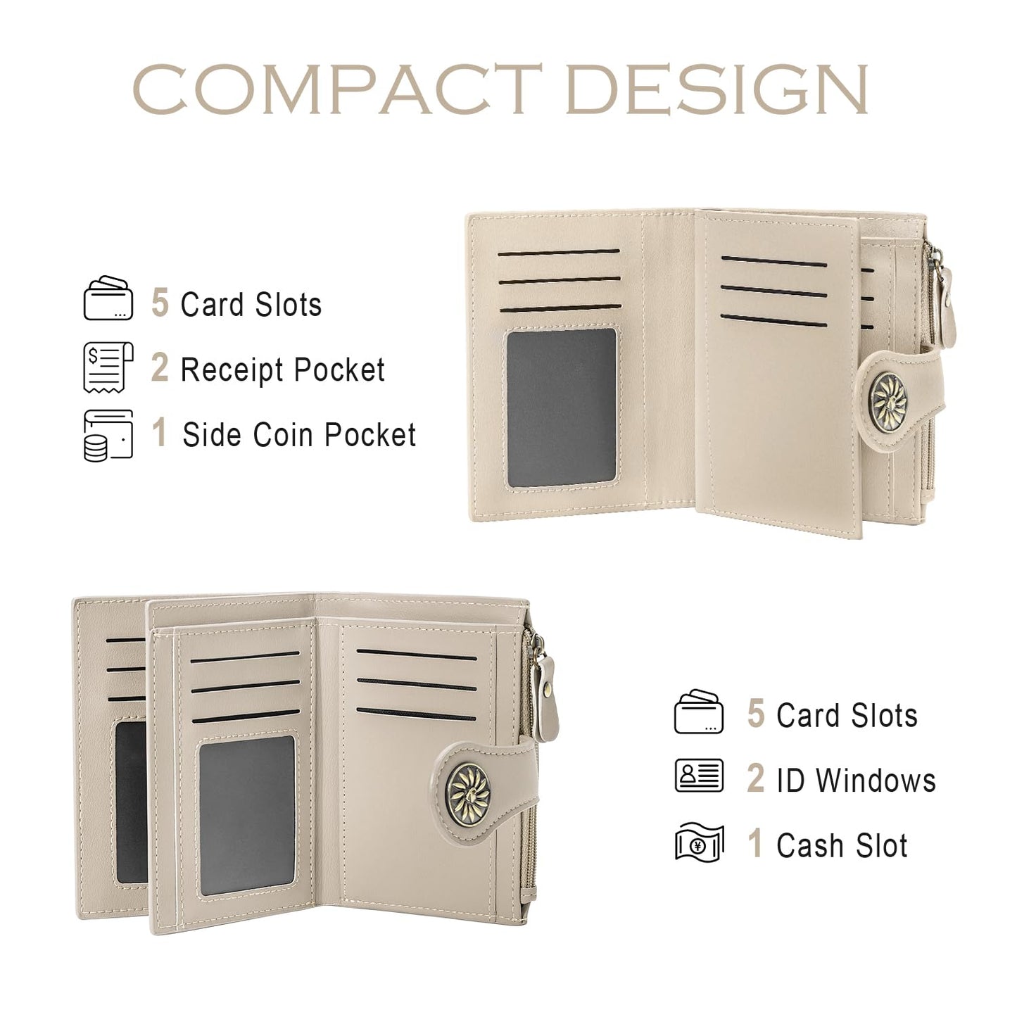 Tipmile Small Wallets Woman Leather 2 ID Windows Bifold RFID Blocking Credit Card Holder Wallet with Zipper Coin Pocket