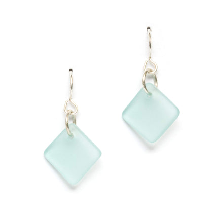 Delicate Diamond Sea Glass Earrings (Ocean) Beach Glass Earrings for Women by EcoSeaCo, using sustainable, recycled and repurposed material. Handmade Jewelry in the USA