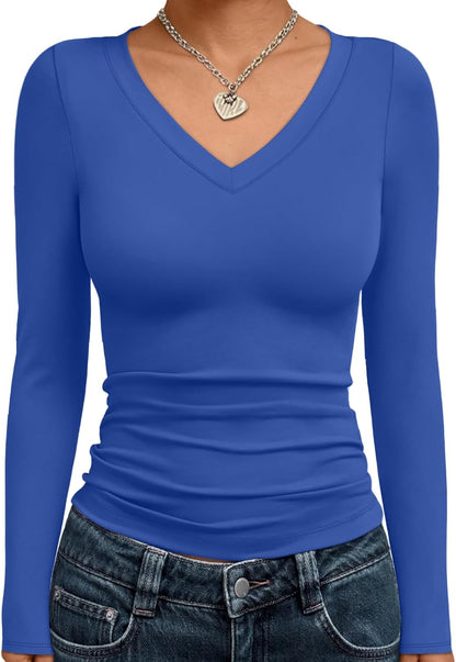 Trendy Queen Long Sleeve Shirts for Women 2025 Fall Fashion V Neck Basics Crop Tops Slim Fitted Y2K Tops Outfits Clothes