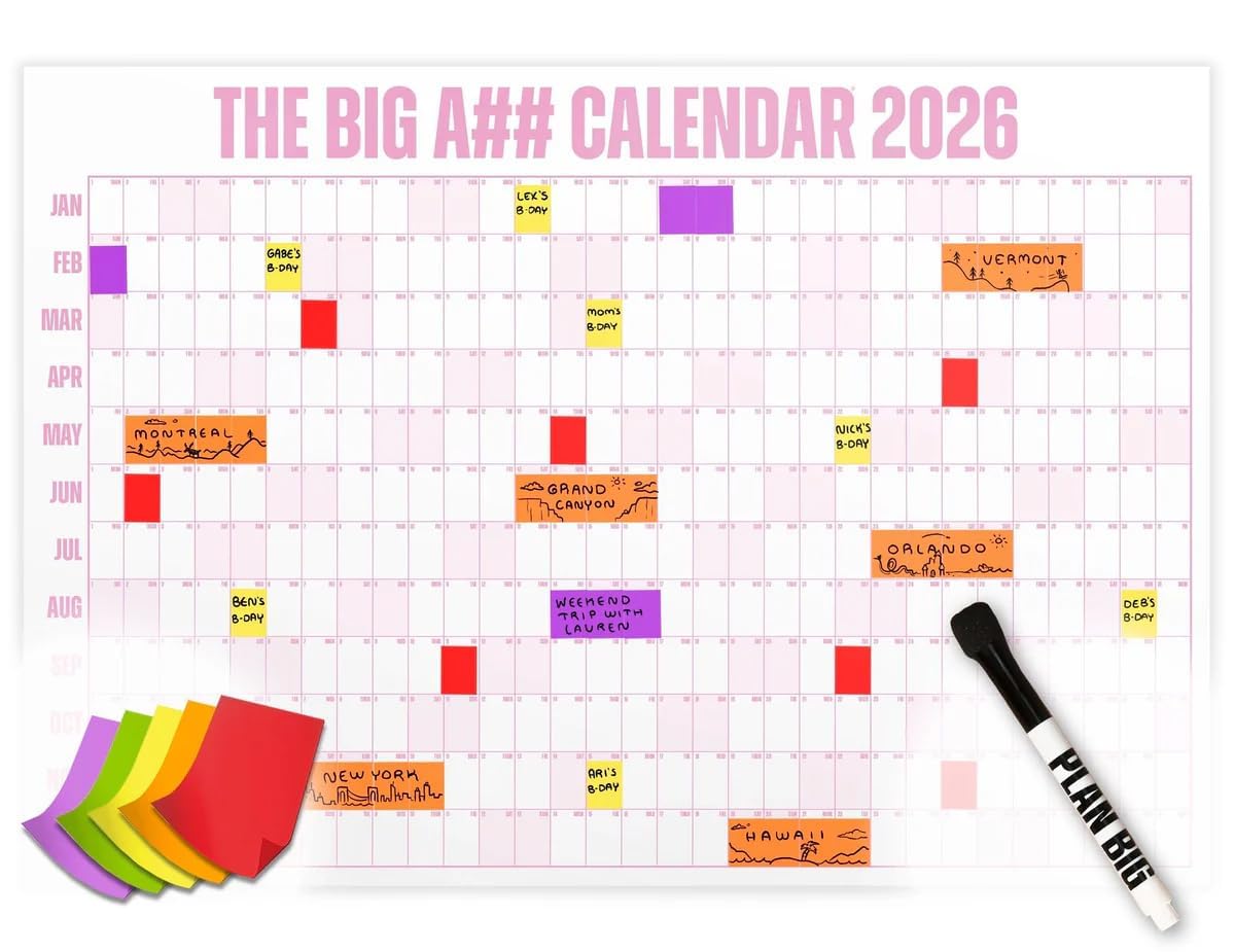 The Big A## Calendar Full-Year Wall Calendar – 2026 Dry-Erase – Includes 1 Marker & 100 Labels – Lightweight, Easy to Hang Yearly Calendar – Year at a Glance – Plan Big Goals & Adventures – Pink