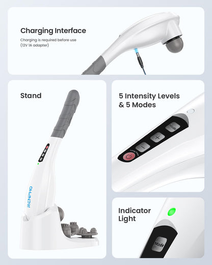 RENPHO Rechargeable Handheld Back Massager with 5 Adjustable Speeds & Modes, Fathers Day Dad Gifts, Cordless Electric Neck Massage Tool for Muscle Relief, Tailored Intensity for Shoulder, Leg, Calf
