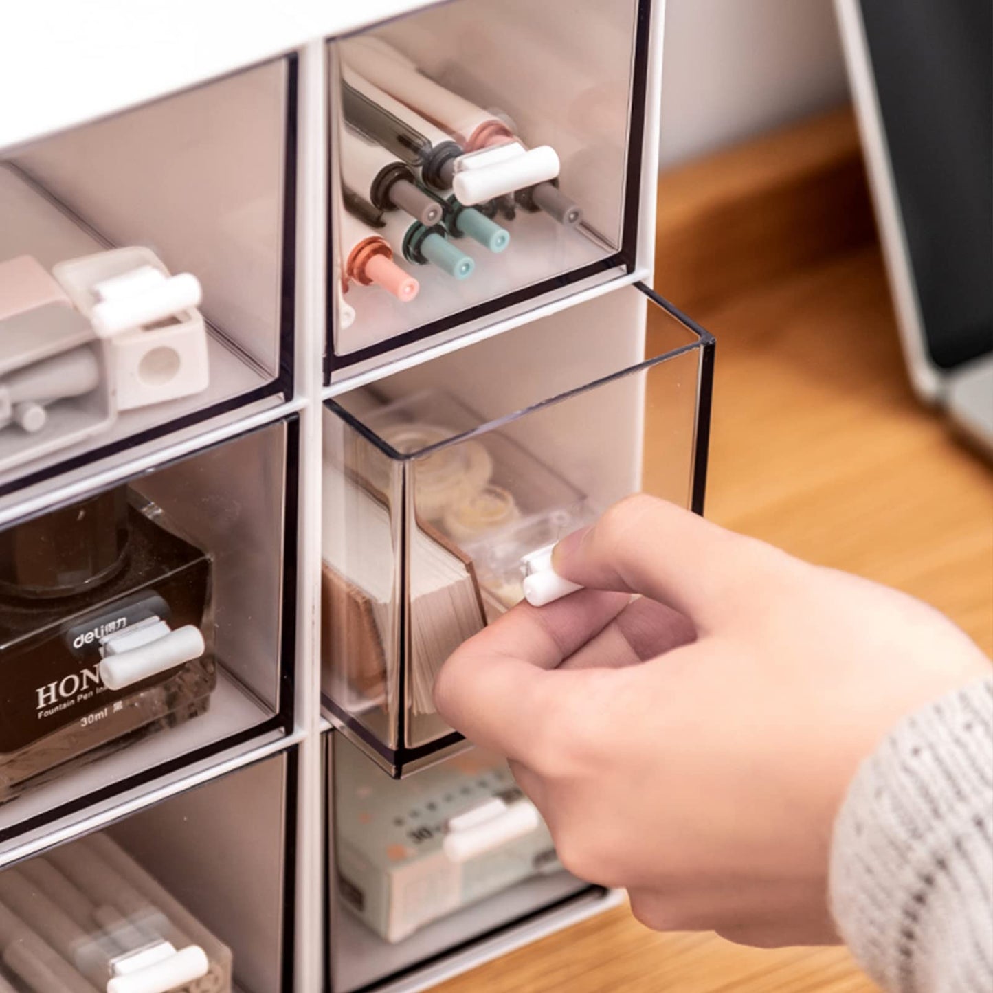 Desk Drawer Organizer, Stackable Storage Drawers, Plastic Compact Desk Storage Box Great for Office School Home Small Space - Large 3 Drawers (White)
