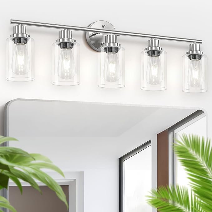 5-Light Bathroom Vanity Lights, E26 Modern Brushed Nickel Bathroom Light Fixtures with Clear Glass Shade, Mirror Kitchen Hallway Cabinet Living Room Sconces Wall Lights