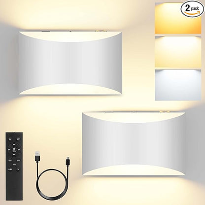 FOLKSMATE Battery Operated Wall Sconces Set of 2, White Rechargeable Wireless Remote & Touch Control Wall Lamps, 3 Color Temperatures, Cordless Dimmable Lamp for Bedroom, Living Room, Hallway