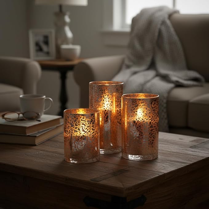 Flameless Silver Mercury Glass LED Pillar Candles with Remote and Timer, Batteries Included, Flickering Warm White Light, Set of 3 for Home Décor, Weddings, Parties, and Romantic Ambiance, Holiday